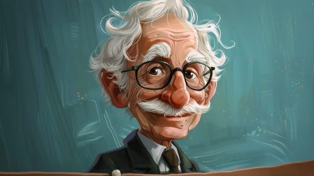 A cartoon of a man with glasses and white hair