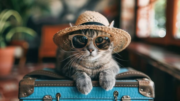 A cat wearing a hat and sunglasses sitting on top of luggage