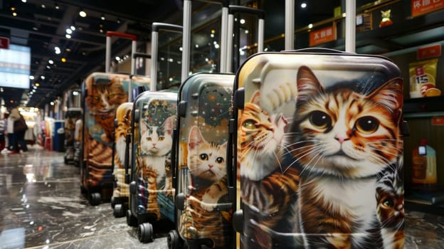 A row of luggage with cats painted on them sitting in a line