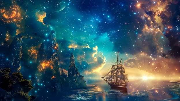 Fantasy digital art depiction of a ship sailing under a starlit sky with celestial phenomena