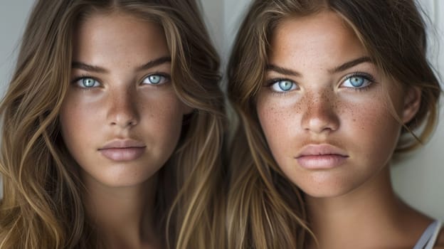 Two women with different colored eyes and freckles