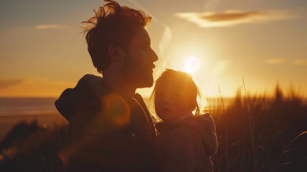 A man holding a child in his arms at sunset