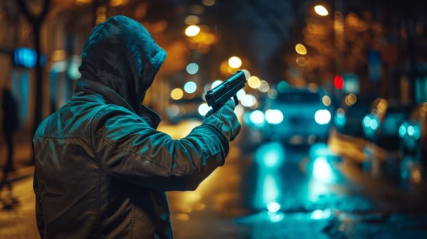 A man in a hoodie holding up his gun on the street