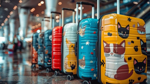 A row of colorful luggage with cats on them in a line