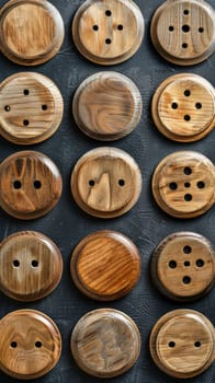 A bunch of wooden buttons are arranged on a black surface