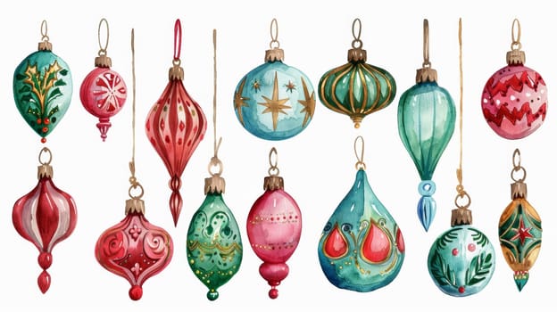 A set of watercolor christmas ornaments hanging from a string