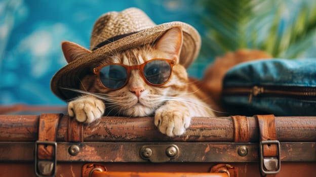 A cat wearing sunglasses and hat laying on top of a suitcase