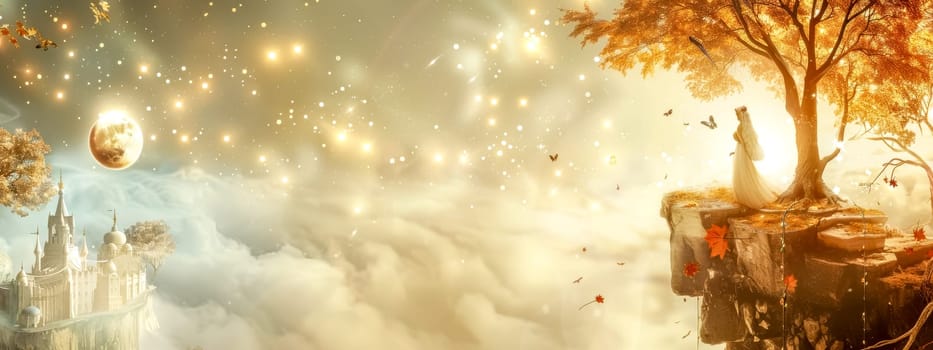 Experience the surreal and enchanting autumn fantasy panorama with a mystical forest, majestic castle, and celestial glowing stars in a wide format landscape
