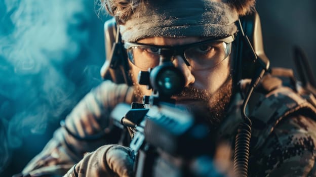 A close up of a man with glasses aiming at something