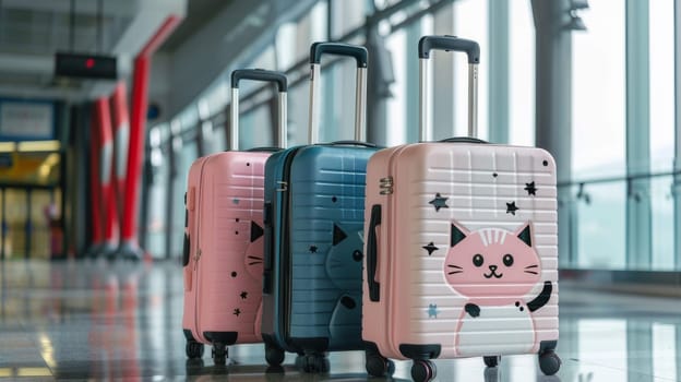 Three pieces of luggage with cat designs on them sitting in an airport