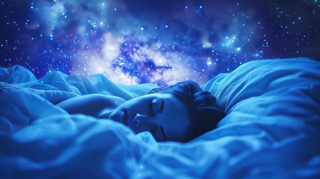 A woman sleeping in a bed with stars and clouds above her