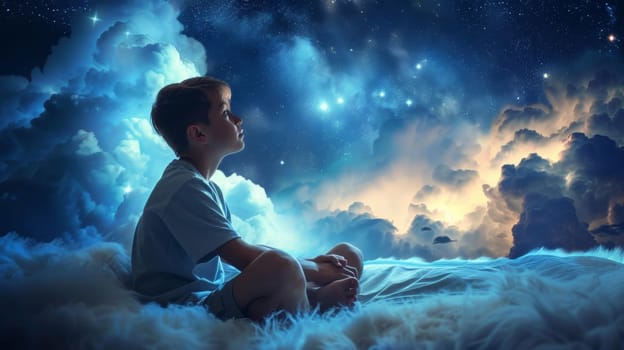 A young boy sitting on a cloud in the sky