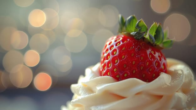 A close up of a strawberry on top of whipped cream