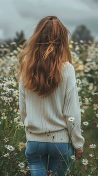 A woman in a white sweater standing among flowers