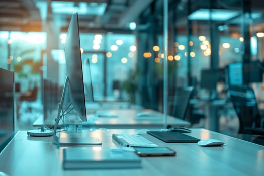 A row of metal computers on a wooden desk inside an office building. The transparent aqua glass adds an engineering touch to the electric blue event