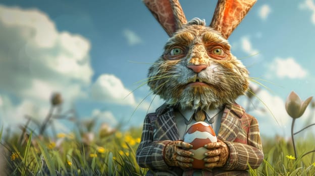 A rabbit in a suit holding an egg on grassy field