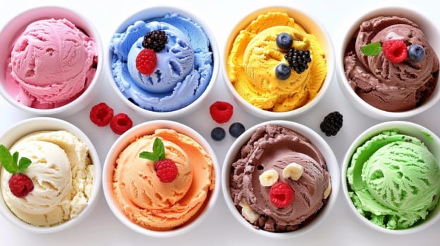 A group of six bowls filled with different colored ice cream