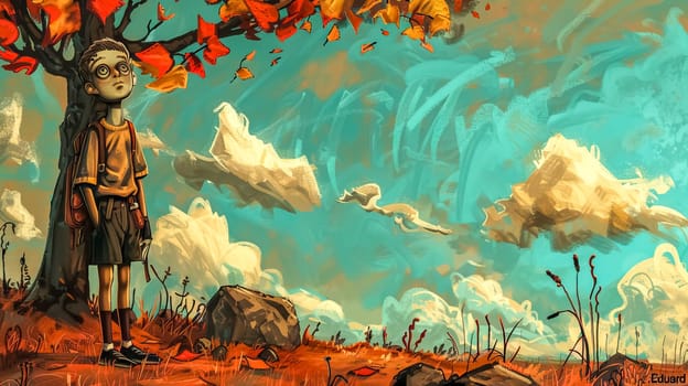 Illustration of a young girl gazing at swirling autumn leaves under a dreamy sky