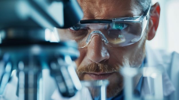 A man in lab coat looking at something through a microscope