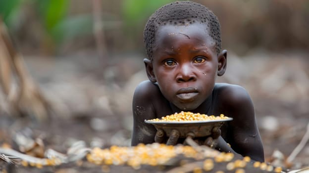 A young boy with a bowl of corn on the ground