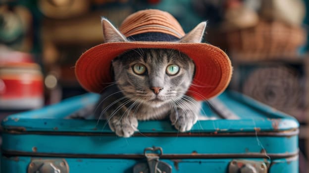 A cat wearing a hat sitting in an open suitcase