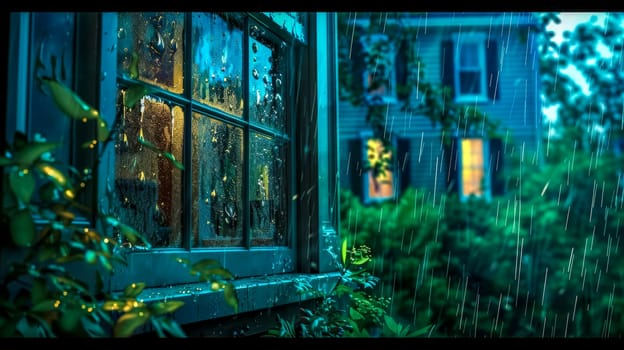 Warm indoor light filters through a rain-speckled window on a tranquil, blue-hued evening