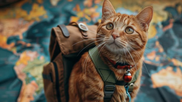A cat wearing a backpack with an orange collar and looking up