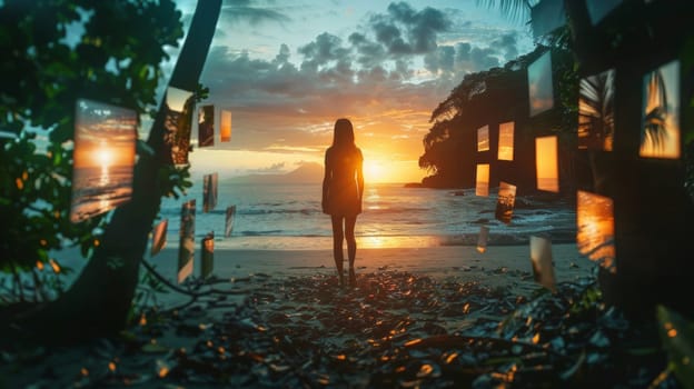 A woman standing on a beach at sunset with many pictures of her