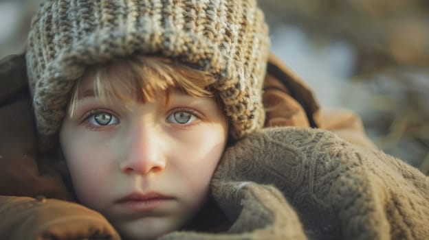 A close up of a young boy wearing a hat and jacket