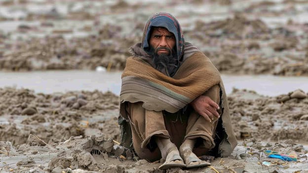 A man sitting on the ground with a blanket wrapped around him