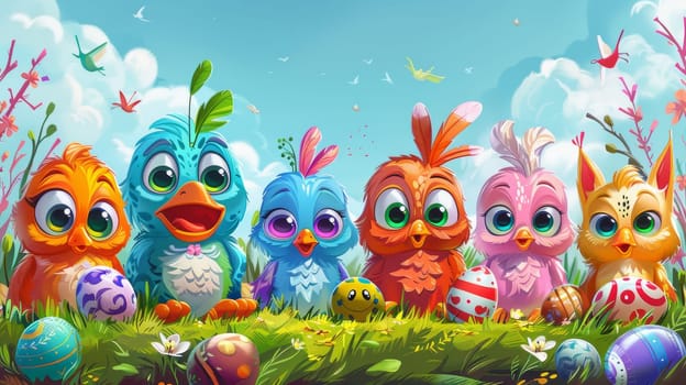 A group of colorful birds sitting in a field with easter eggs