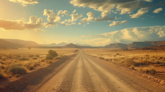 A dirt road in the middle of a desert with clouds