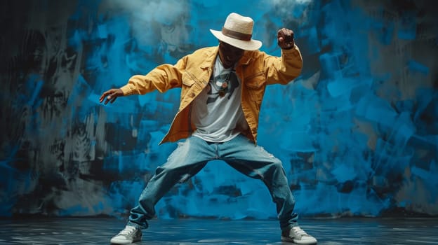 A man in a hat and jacket dancing on stage