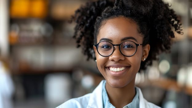 A woman with glasses and a lab coat smiling at the camera