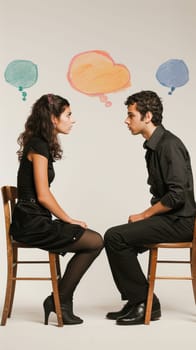 A man and woman sitting on chairs with speech bubbles above them