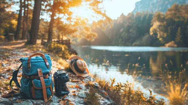 A backpack and hat sitting on the ground next to a lake