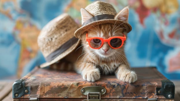 A cat wearing sunglasses and a hat sitting on top of luggage