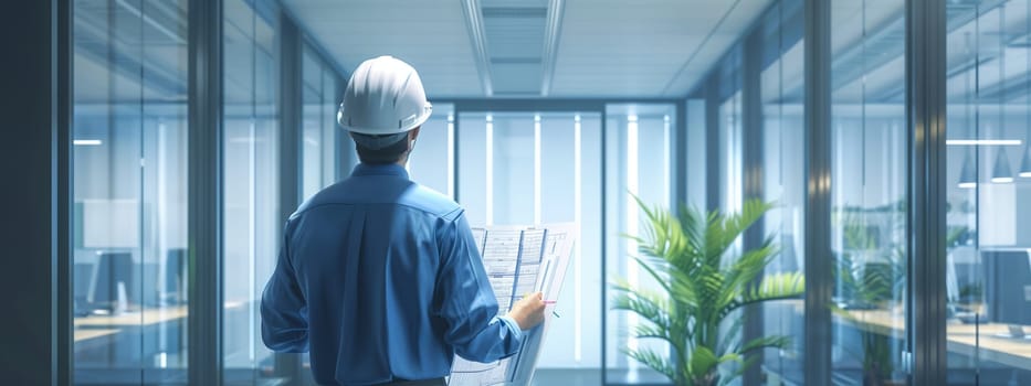 An engineer wearing a hard hat and holding a blueprint is standing in a hallway of a building with electric blue glass walls