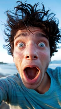 A man with a goofy expression taking a selfie on the beach