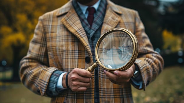 A man in a plaid jacket holding up a magnifying glass