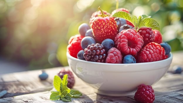 A bowl of berries on a table with mint leaves