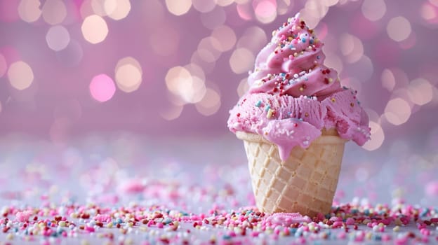 A close up of a ice cream cone with pink frosting