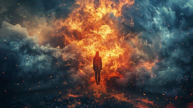 A person standing in front of a fire and clouds