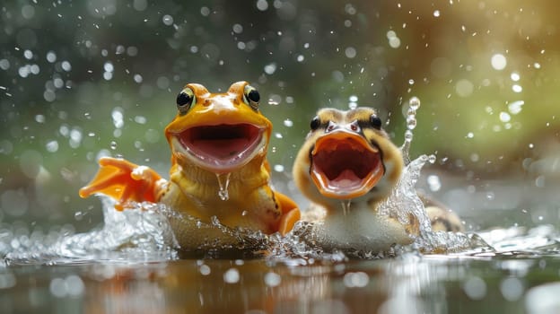 Two frogs are splashing in the water with their mouths open