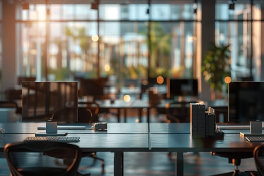 An office space in a modern building, featuring tables and chairs made of wood and metal fixtures. The room has glass walls, with city views, and sleek flooring