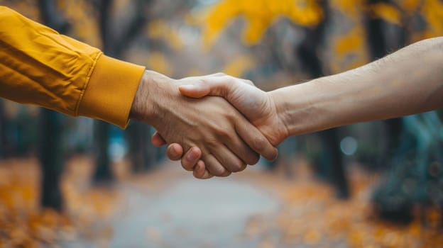 Two people shaking hands in a park with autumn leaves