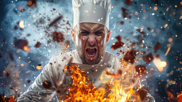 A chef in a white hat is cooking on fire