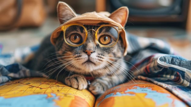 A cat wearing glasses and a hat sitting on top of books