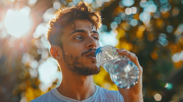 A man drinking water from a bottle while outdoors