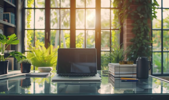 A laptop computer is placed on a glass desk by a large window overlooking a tree outside. The modern building facade reflects on the smooth surface